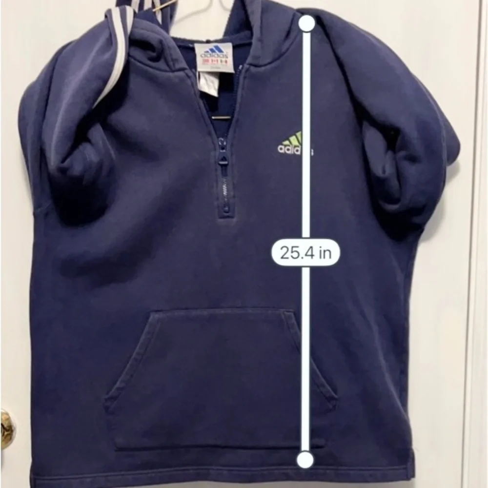 COPY - Vintage Navy Adidas 1/4 zip Hoodie with lime green logo. Split hem. Sz XL